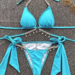 Gorgeous Embellished Bandage Triangles Split Bikini Swimsuit