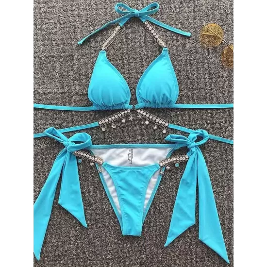 Gorgeous Embellished Bandage Triangles Split Bikini Swimsuit Gorgeous Embellished Bandage Triangles Split Bikini Swimsuit
