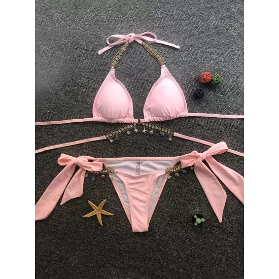 Gorgeous Embellished Bandage Triangles Split Bikini Swimsuit Gorgeous Embellished Bandage Triangles Split Bikini Swimsuit