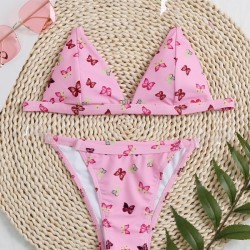 Floral-Print Triangles See-Through Spaghetti-Neck Split Bikini Swimsuit