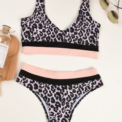 Sleeveless Leopard Print High-Waisted Split Bikini Swimsuit