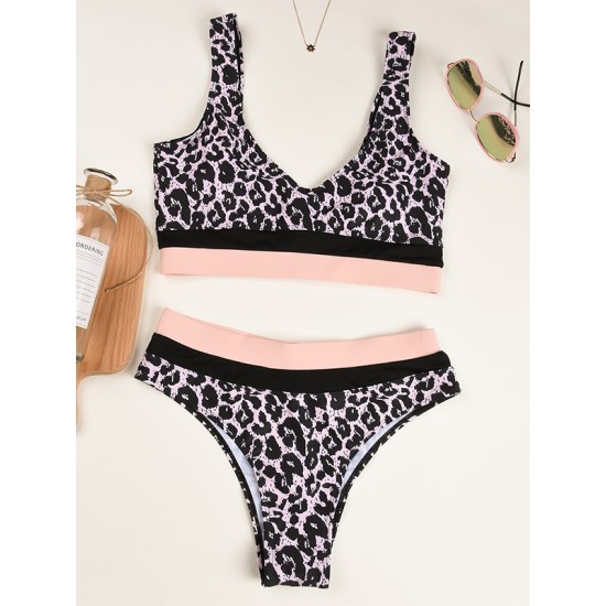 Sleeveless Leopard Print High-Waisted Split Bikini Swimsuit Sleeveless Leopard Print High-Waisted Split Bikini Swimsuit