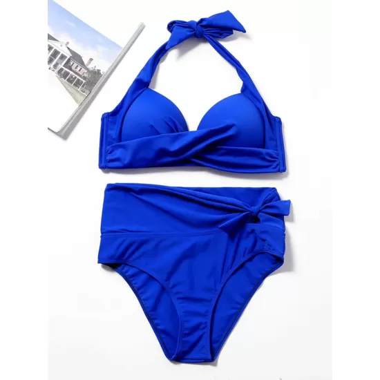 Solid Color Padded Ruffled Bandage Bikini Swimwear Solid Color Padded Ruffled Bandage Bikini Swimwear