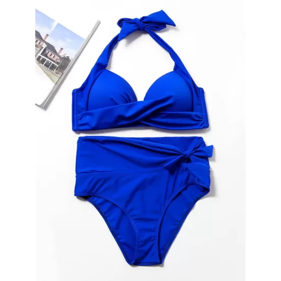Solid Color Padded Ruffled Bandage Bikini Swimwear Solid Color Padded Ruffled Bandage Bikini Swimwear