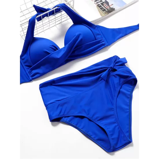 Solid Color Padded Ruffled Bandage Bikini Swimwear Solid Color Padded Ruffled Bandage Bikini Swimwear