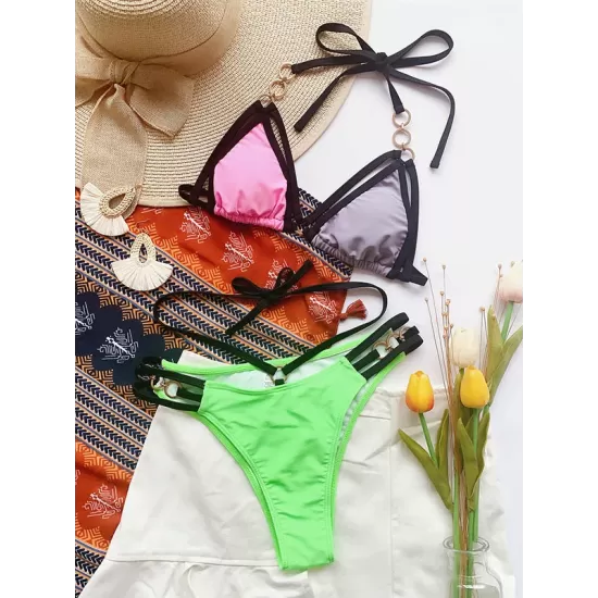 Stylish Strapless Color-Block Triangles Hollow Hipster Halterneck Bikini Swimwear Stylish Strapless Color-Block Triangles Hollow Hipster Halterneck Bikini Swimwear