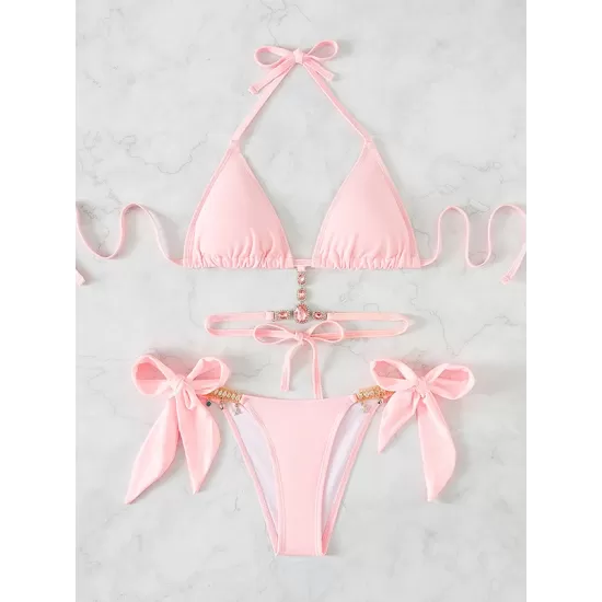 Backless Bandage Hollow Solid Color Padded Deep V-Neck Bikini Swimsuit Backless Bandage Hollow Solid Color Padded Deep V-Neck Bikini Swimsuit