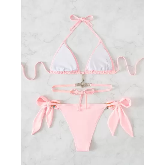 Backless Bandage Hollow Solid Color Padded Deep V-Neck Bikini Swimsuit Backless Bandage Hollow Solid Color Padded Deep V-Neck Bikini Swimsuit