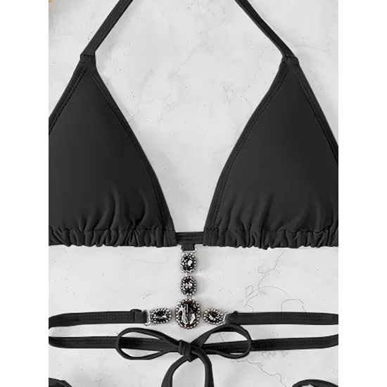 Backless Bandage Hollow Solid Color Padded Deep V-Neck Bikini Swimsuit Backless Bandage Hollow Solid Color Padded Deep V-Neck Bikini Swimsuit