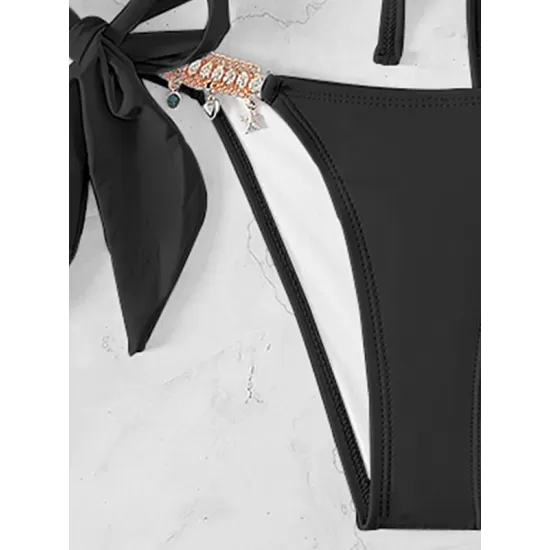 Backless Bandage Hollow Solid Color Padded Deep V-Neck Bikini Swimsuit Backless Bandage Hollow Solid Color Padded Deep V-Neck Bikini Swimsuit