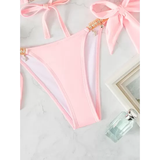 Backless Bandage Hollow Solid Color Padded Deep V-Neck Bikini Swimsuit Backless Bandage Hollow Solid Color Padded Deep V-Neck Bikini Swimsuit