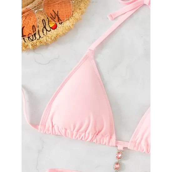 Backless Bandage Hollow Solid Color Padded Deep V-Neck Bikini Swimsuit Backless Bandage Hollow Solid Color Padded Deep V-Neck Bikini Swimsuit