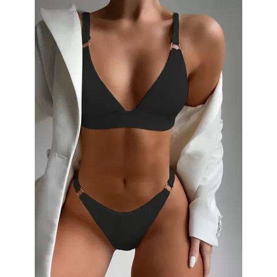 Solid Color Triangle Chains Elastics Bikini Swimwear Solid Color Triangle Chains Elastics Bikini Swimwear