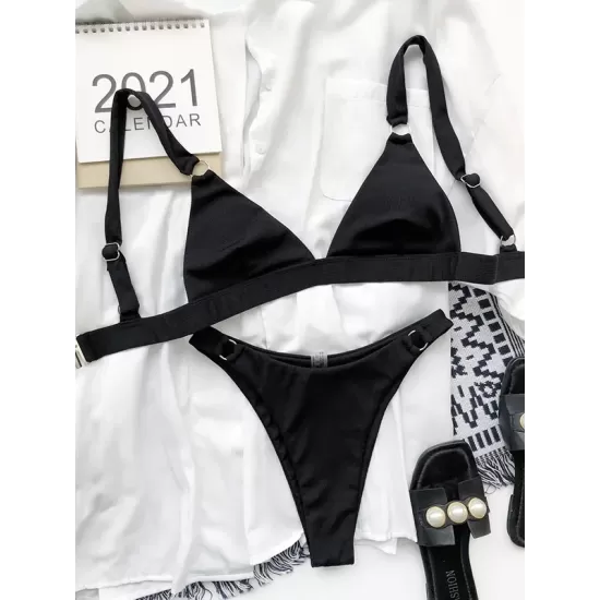 Solid Color Triangle Chains Elastics Bikini Swimwear Solid Color Triangle Chains Elastics Bikini Swimwear