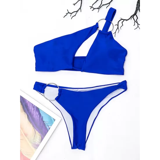 Blue Hollow One-Shoulder Bikini Swimsuit Blue Hollow One-Shoulder Bikini Swimsuit