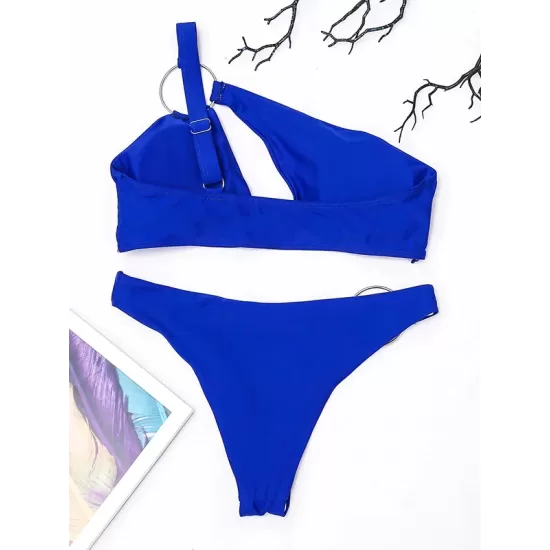Blue Hollow One-Shoulder Bikini Swimsuit Blue Hollow One-Shoulder Bikini Swimsuit