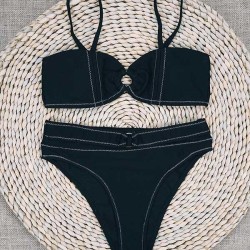 Embellished Solid Color Bandeau Split Bikini Swimsuit