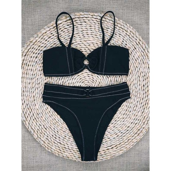 Embellished Solid Color Bandeau Split Bikini Swimsuit Embellished Solid Color Bandeau Split Bikini Swimsuit