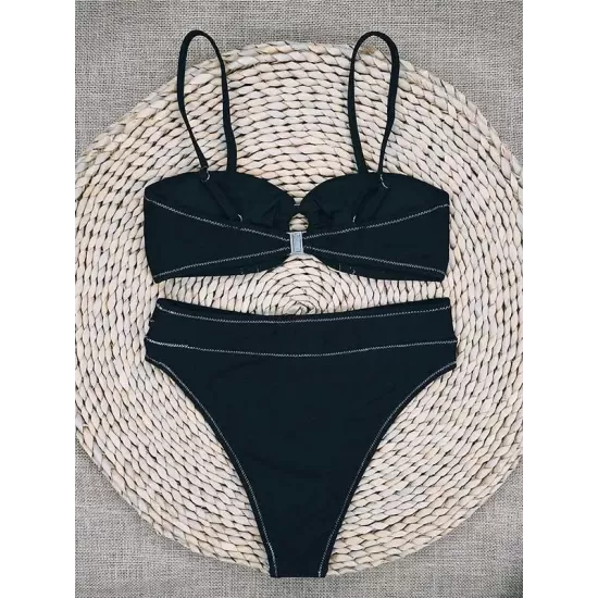 Embellished Solid Color Bandeau Split Bikini Swimsuit Embellished Solid Color Bandeau Split Bikini Swimsuit