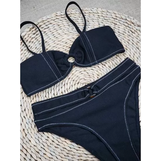 Embellished Solid Color Bandeau Split Bikini Swimsuit Embellished Solid Color Bandeau Split Bikini Swimsuit