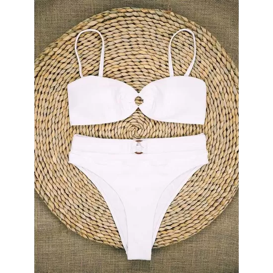 Embellished Solid Color Bandeau Split Bikini Swimsuit Embellished Solid Color Bandeau Split Bikini Swimsuit