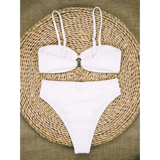 Embellished Solid Color Bandeau Split Bikini Swimsuit Embellished Solid Color Bandeau Split Bikini Swimsuit