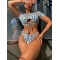 Padded Short Sleeves Bandage Hollow Leopard Bikini Swimsuit