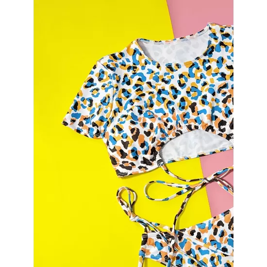 Padded Short Sleeves Bandage Hollow Leopard Bikini Swimsuit Padded Short Sleeves Bandage Hollow Leopard Bikini Swimsuit