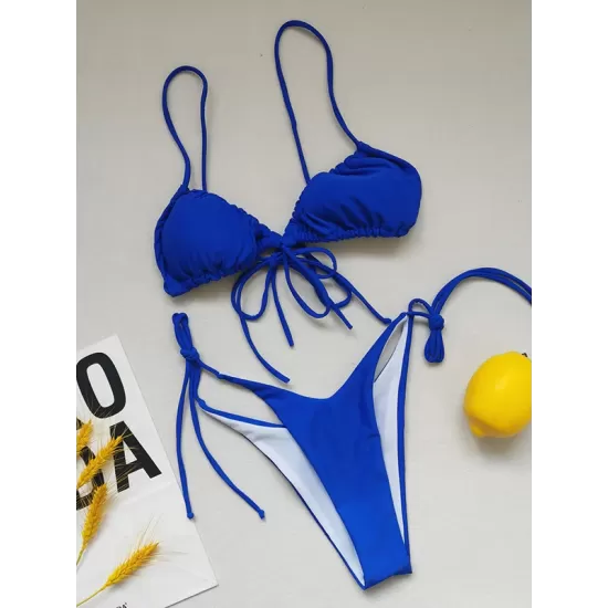 Sexy Ruffled Solid Color Tie Side Triangle Bikini Swimwear Sexy Ruffled Solid Color Tie Side Triangle Bikini Swimwear