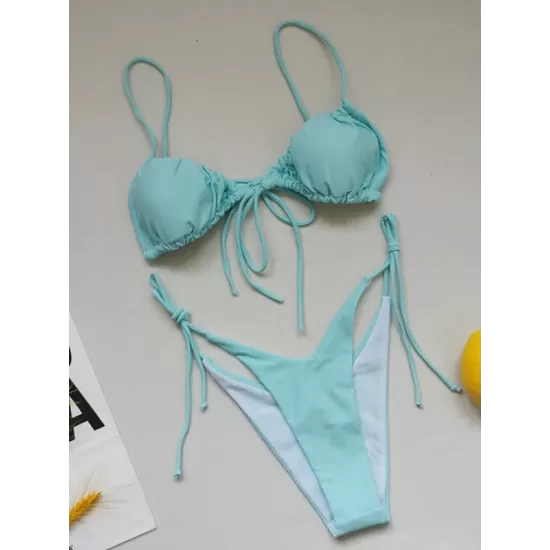 Sexy Ruffled Solid Color Tie Side Triangle Bikini Swimwear Sexy Ruffled Solid Color Tie Side Triangle Bikini Swimwear
