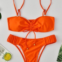 Strapless Spaghetti-Neck Drawstring Bikini Swimsuit