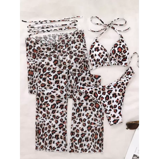 Leopard Printed Tie Side Bikini Swimwear+ Beach Long Pant Cover-Up Three Pieces Set Leopard Printed Tie Side Bikini Swimwear+ Beach Long Pant Cover-Up Three Pieces Set