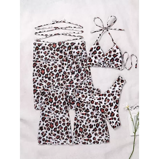 Leopard Printed Tie Side Bikini Swimwear+ Beach Long Pant Cover-Up Three Pieces Set Leopard Printed Tie Side Bikini Swimwear+ Beach Long Pant Cover-Up Three Pieces Set