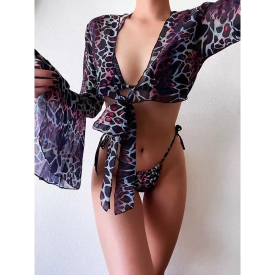 Three-piece Suit Padded Leopard Halter-Neck Bikini Swimsuit Three-piece Suit Padded Leopard Halter-Neck Bikini Swimsuit