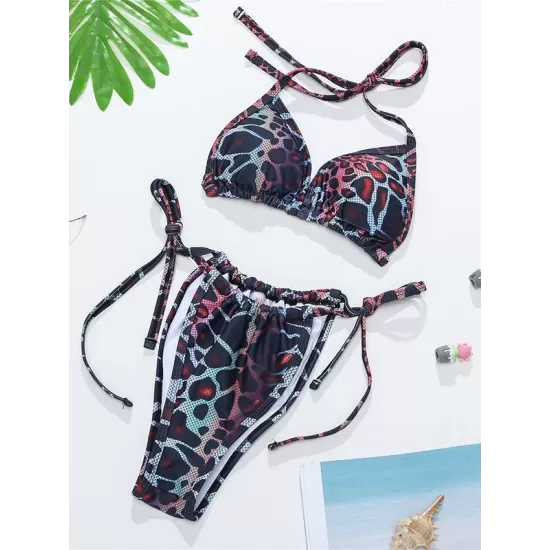 Three-piece Suit Padded Leopard Halter-Neck Bikini Swimsuit Three-piece Suit Padded Leopard Halter-Neck Bikini Swimsuit