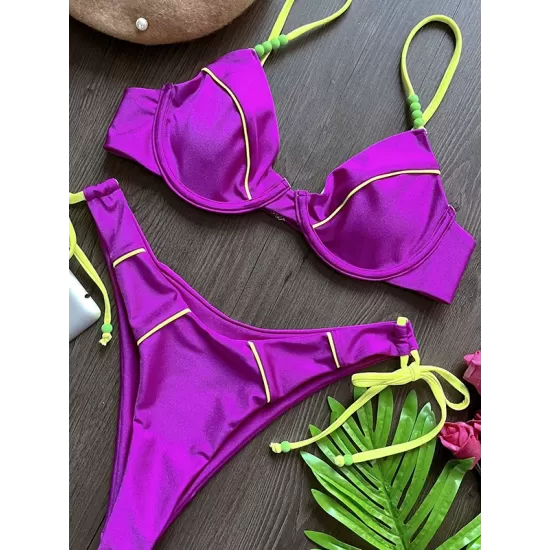 Halterneck Plain Two Pieces Bikini Set Halterneck Plain Two Pieces Bikini Set