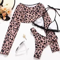 Long Sleeves Leopard Three Pieces Bikini Set