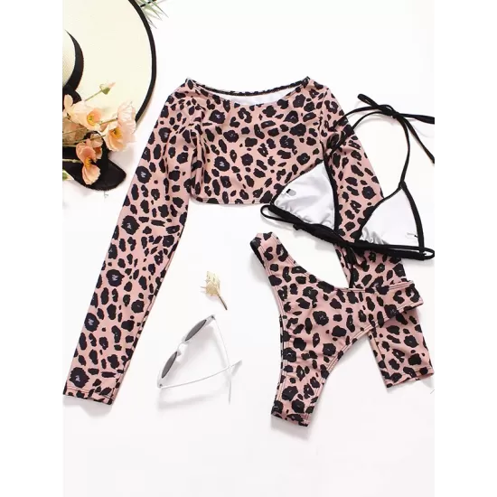 Long Sleeves Leopard Three Pieces Bikini Set Long Sleeves Leopard Three Pieces Bikini Set