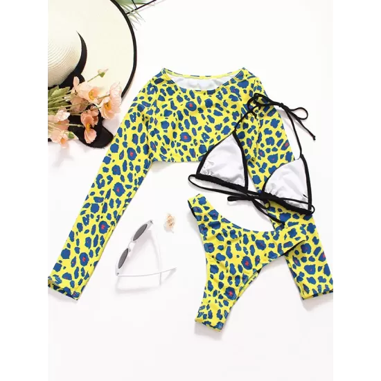 Long Sleeves Leopard Three Pieces Bikini Set Long Sleeves Leopard Three Pieces Bikini Set