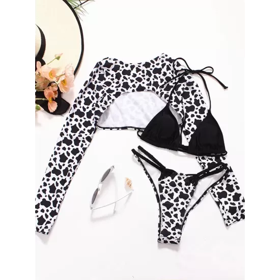 Long Sleeves Leopard Three Pieces Bikini Set Long Sleeves Leopard Three Pieces Bikini Set