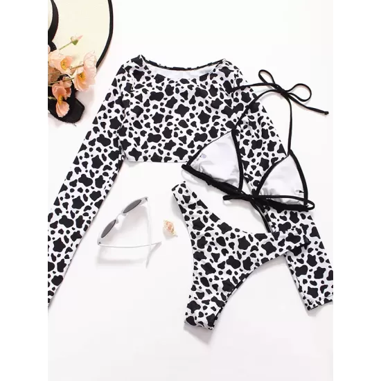 Long Sleeves Leopard Three Pieces Bikini Set Long Sleeves Leopard Three Pieces Bikini Set
