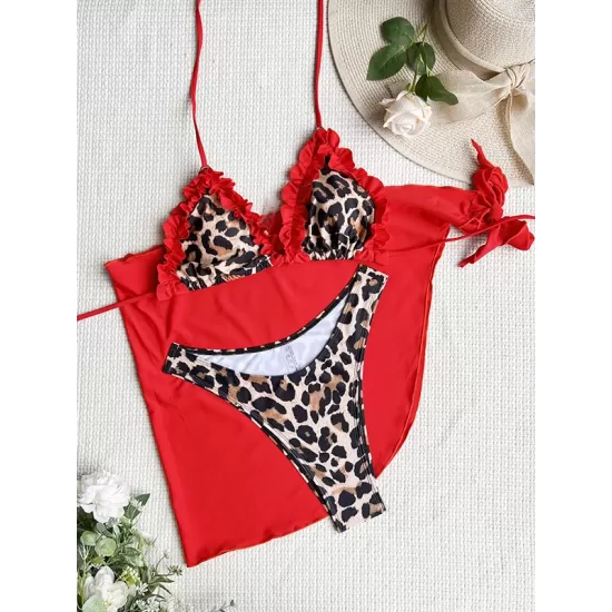 Ruffled Leopard Halter-Neck Bikini Swimsuit Skirts Three Pieces Set Ruffled Leopard Halter-Neck Bikini Swimsuit Skirts Three Pieces Set