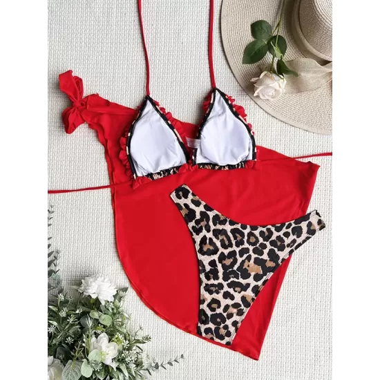Ruffled Leopard Halter-Neck Bikini Swimsuit Skirts Three Pieces Set Ruffled Leopard Halter-Neck Bikini Swimsuit Skirts Three Pieces Set