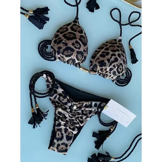 Leopard Halterneck Two Pieces Bikini Set Leopard Halterneck Two Pieces Bikini Set