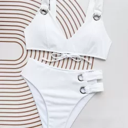 Padded Bandage Hollow Solid Color V-Neck Bikini Swimsuit