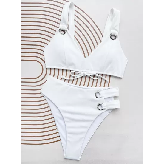 Padded Bandage Hollow Solid Color V-Neck Bikini Swimsuit Padded Bandage Hollow Solid Color V-Neck Bikini Swimsuit