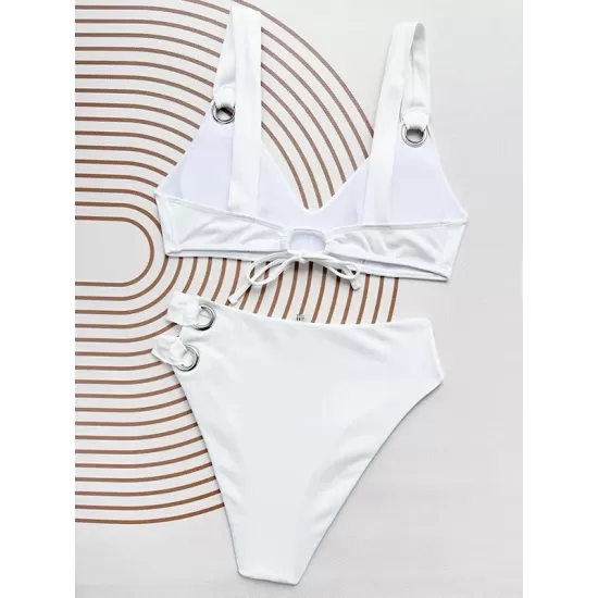 Padded Bandage Hollow Solid Color V-Neck Bikini Swimsuit Padded Bandage Hollow Solid Color V-Neck Bikini Swimsuit