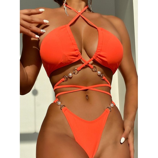 Belly-Hollow Beads Hollow Halter-Neck Bikini Swimsuit Belly-Hollow Beads Hollow Halter-Neck Bikini Swimsuit