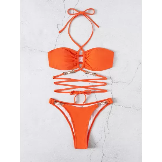 Belly-Hollow Beads Hollow Halter-Neck Bikini Swimsuit Belly-Hollow Beads Hollow Halter-Neck Bikini Swimsuit