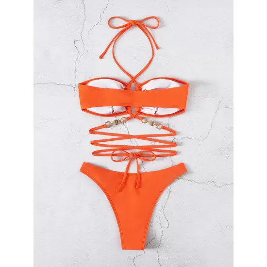 Belly-Hollow Beads Hollow Halter-Neck Bikini Swimsuit Belly-Hollow Beads Hollow Halter-Neck Bikini Swimsuit